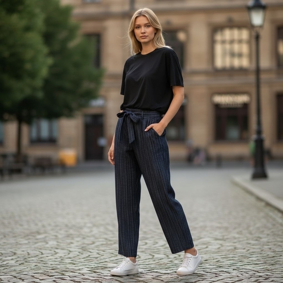 Dkny Pants - DKNY High Waisted Belted Paperbag Straight Leg Denin Blue Pant Pinstripe 2